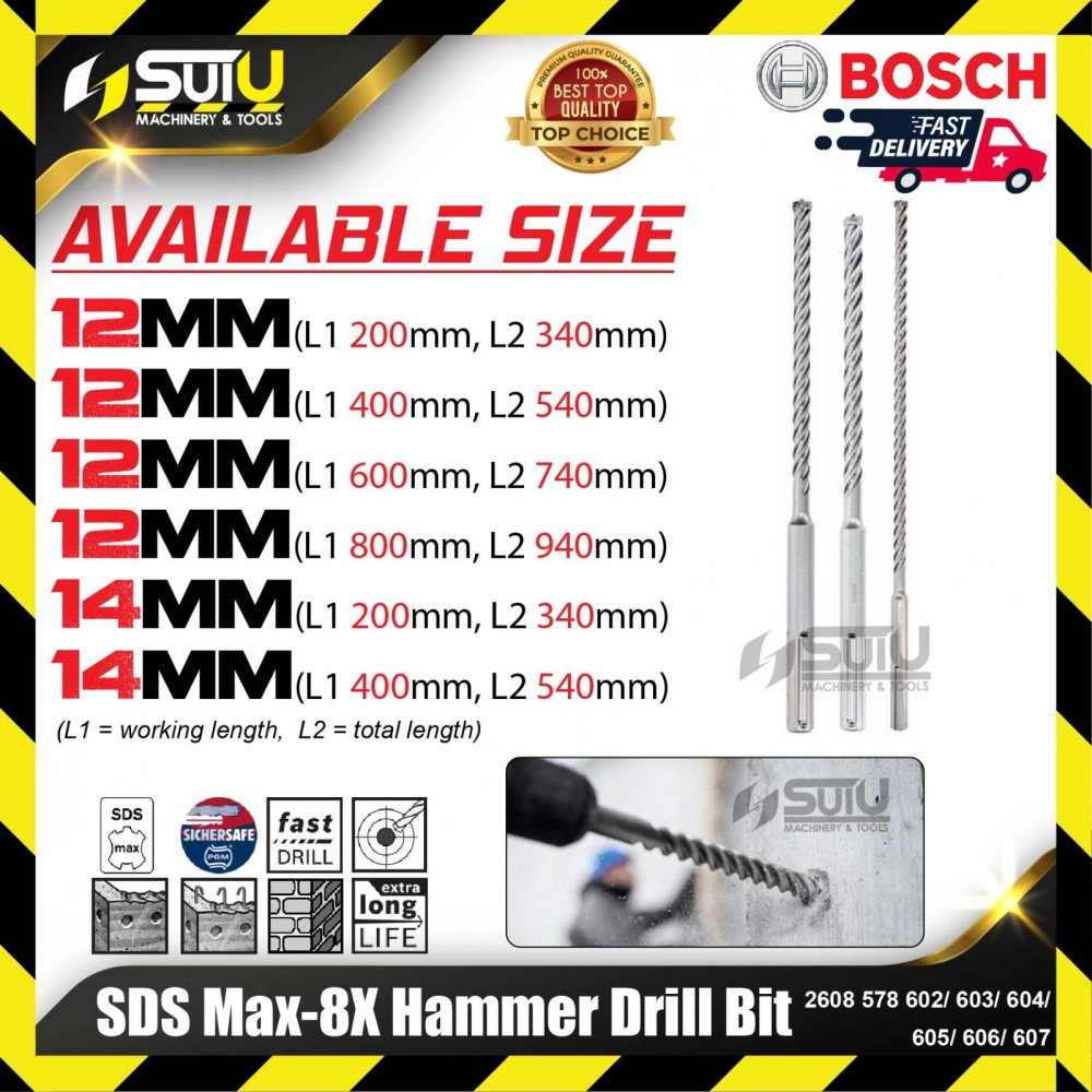 BOSCH 2608578602/ 603/ 604/ 605/ 606/ 607 SDS Max-8X Hammer Drill Bit (12-14mm)