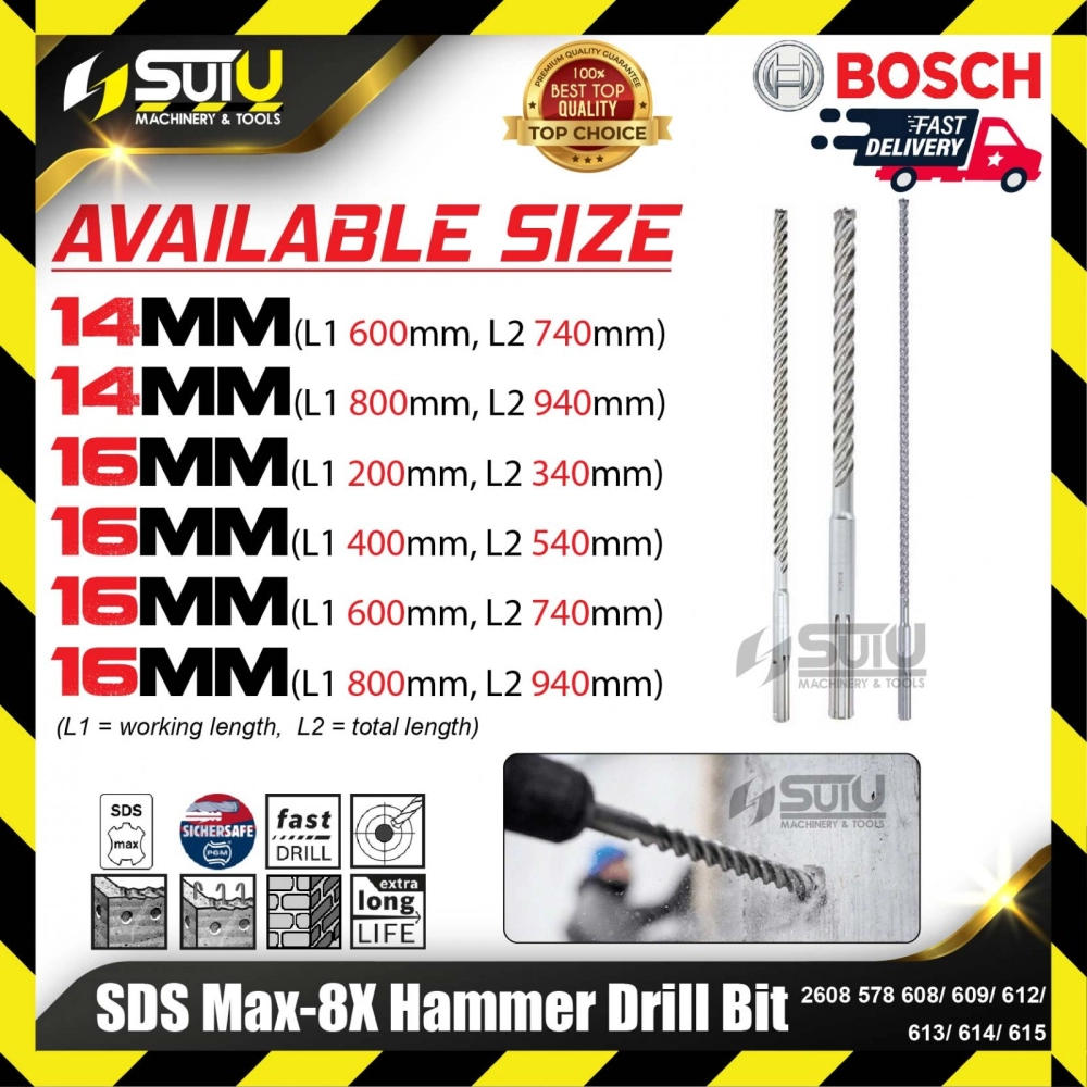 BOSCH 2608578608/ 609/ 612/ 613/ 614/ 615 14-16MM SDS Max-8X Hammer Drill Bit