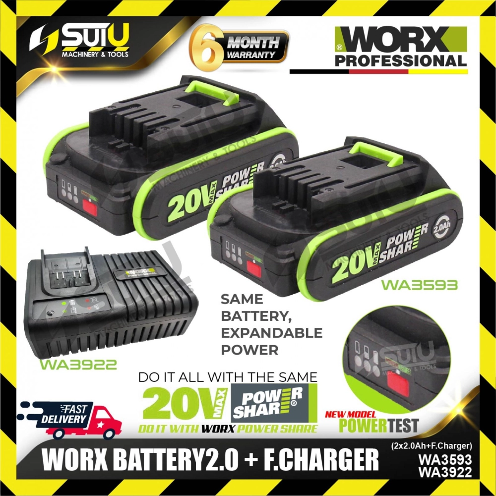 WORX WA3593 20V 2.0Ah Battery with WA3922 20V 6.0A Fast Charger 160W Set