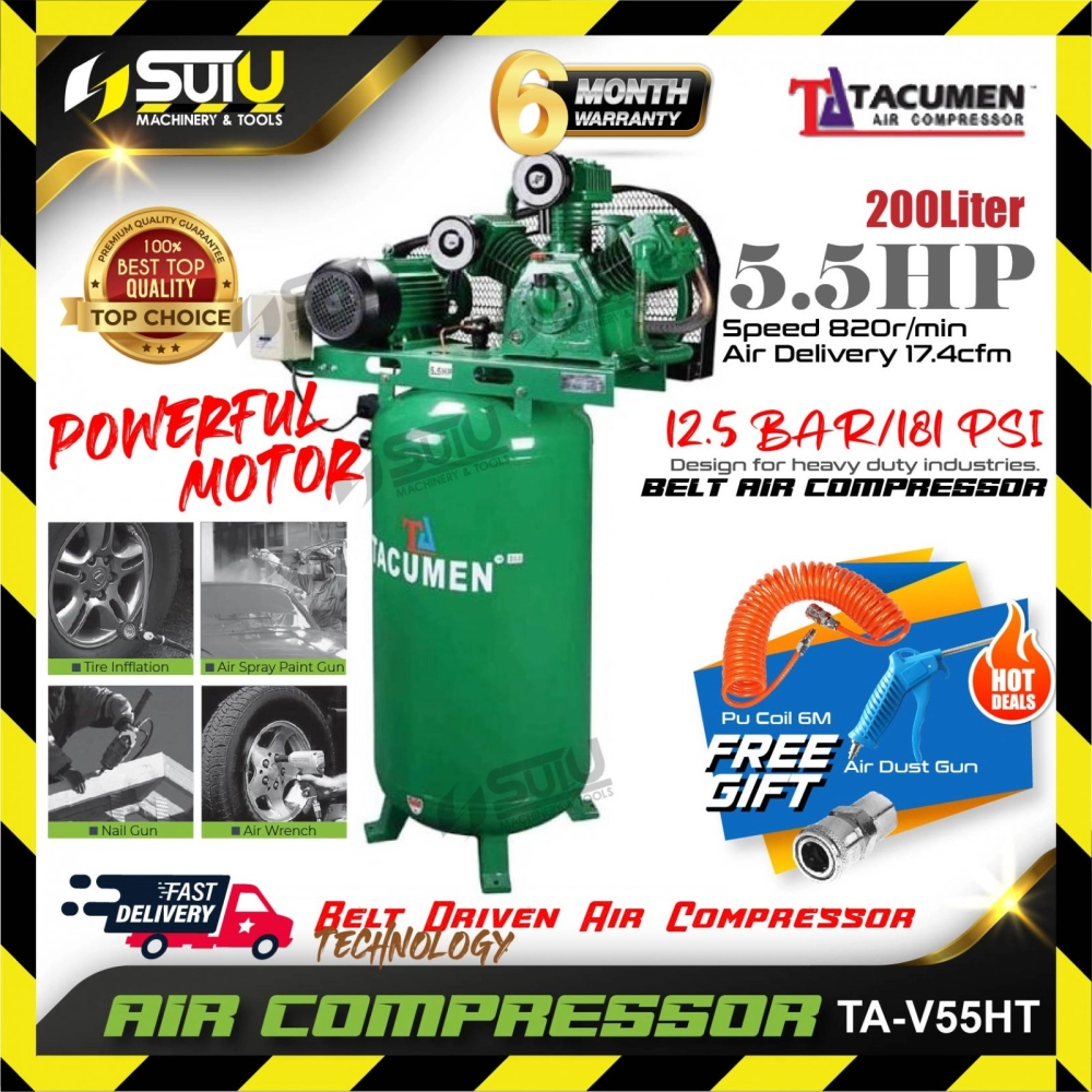 TACUMEN TA-V55HT 5.5HP 200L Belt Driven Air Compressor 12.5Bar with Free Gift