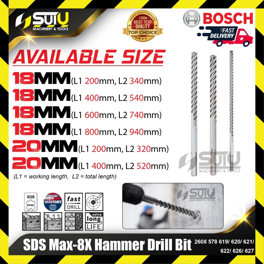 BOSCH 2608578619/ 620/ 621/ 622/ 626/ 627 SDS Max-8X Hammer Drill Bit (18-20mm)