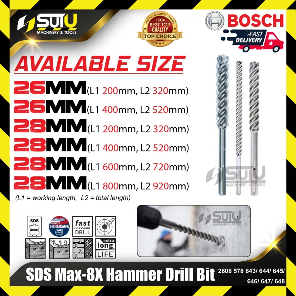 BOSCH 2608578643/ 644/ 645/ 646/ 647/ 648 SDS Max-8X Hammer Drill Bit (26-28mm)