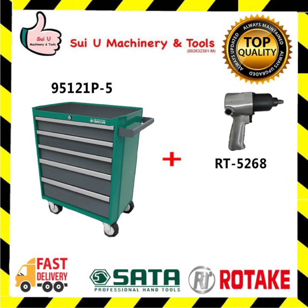 SATA 95121P-5 5 Drawers Tools Trolley Set 140pcs With Rotake RT5268 1/2" Air Impact Wrench