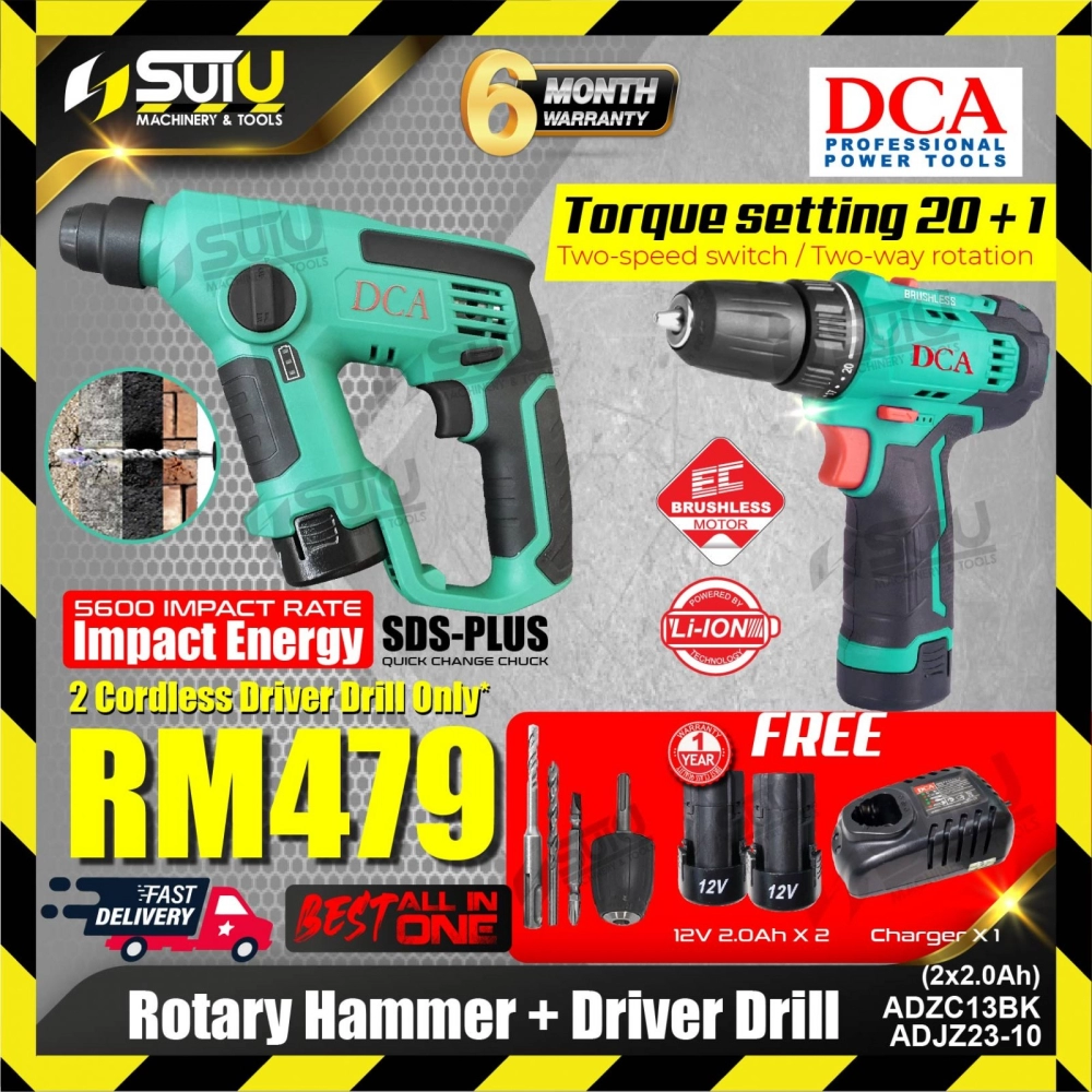 DCA Combo ADZC13BK Cordless Rotary Hammer + ADJZ23-10Z Cordless Driver Drill w/ 2 x 12V 2.0Ah Batteries + Charger