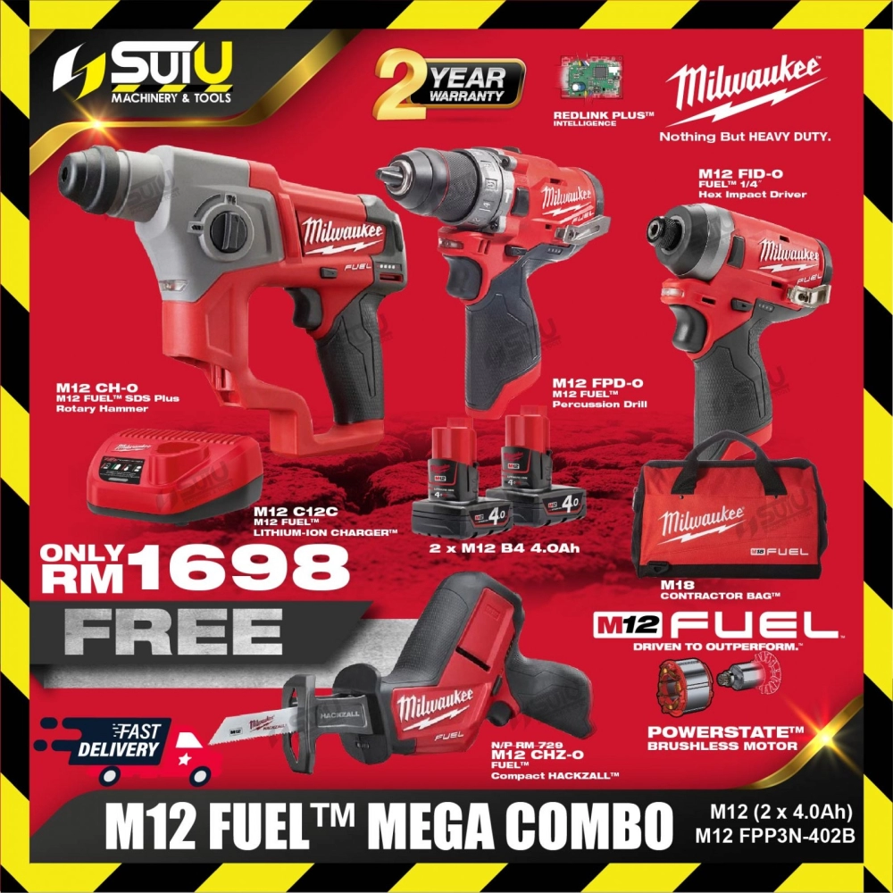 MILWAUKEE M12 FPP3N-402B Mega Combo Set M12 CH-0 + M12 FID-0 + M12 FPD-0 + M12CHZ-0 + 2 x M12 Bat 4.0Ah + Charger