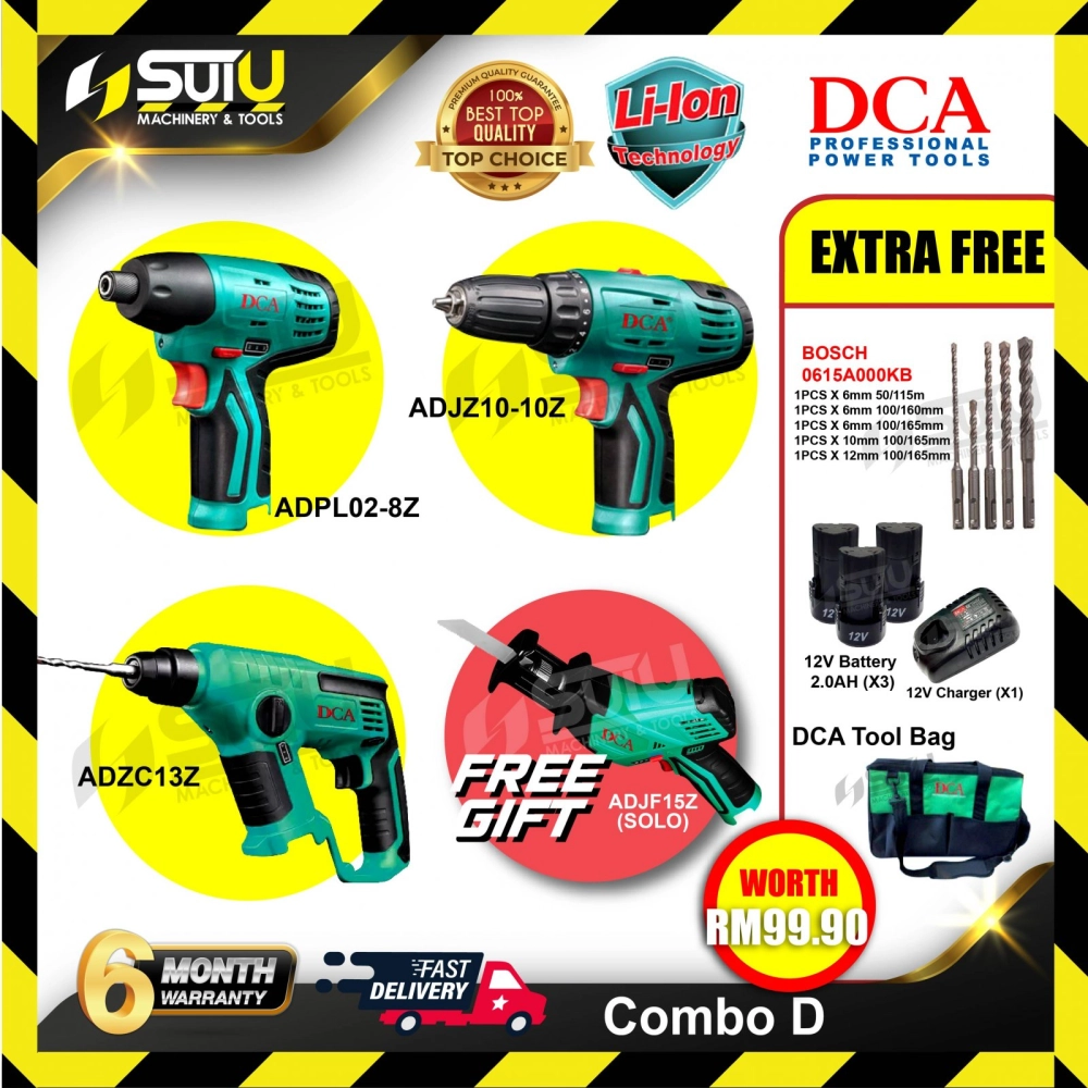 [COMBO D] DCA Wood Working Combo ADJZ10-10Z+ADPL02-8Z+ADZC13Z+ADJF15Z+3xBat2.0Ah+Charger+Free Gift