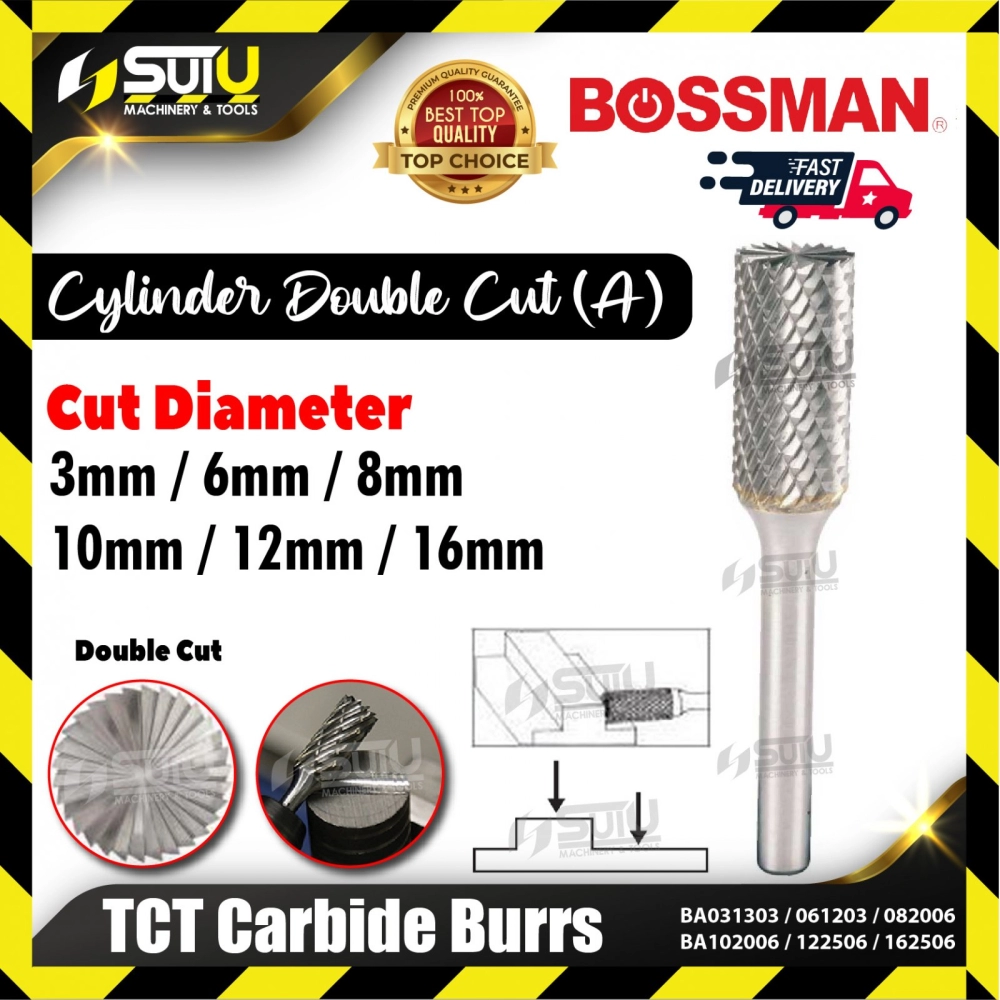 BOSSMAN BA031303/ 061203/ 082006/ 1002006/ 122506/ 162506 Cylinder Double Cut (A) TCT Carbide Burrs (3-16mm)