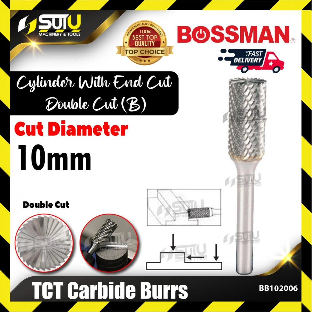 BOSSMAN BB102006 Cylinder with end cut - Double Cut (B) TCT Carbide Burrs 10mm