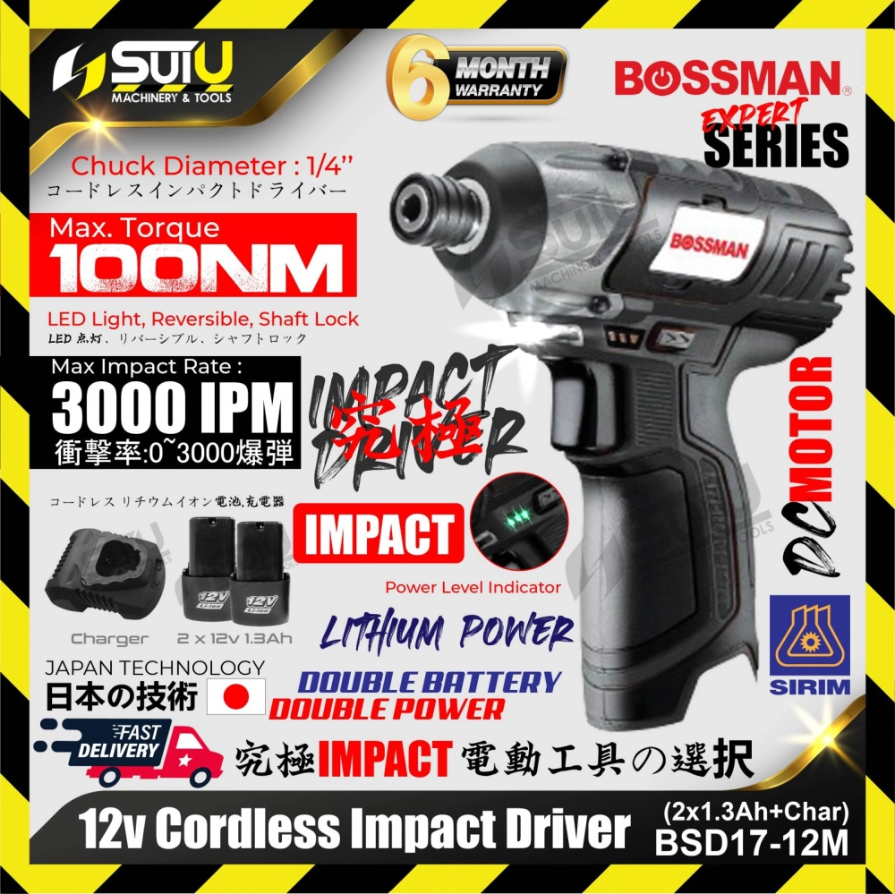 BOSSMAN BSD17-12M 12V Cordless Impact Driver 100NM 3000ipm + 2 x Batt1.3Ah+Charger