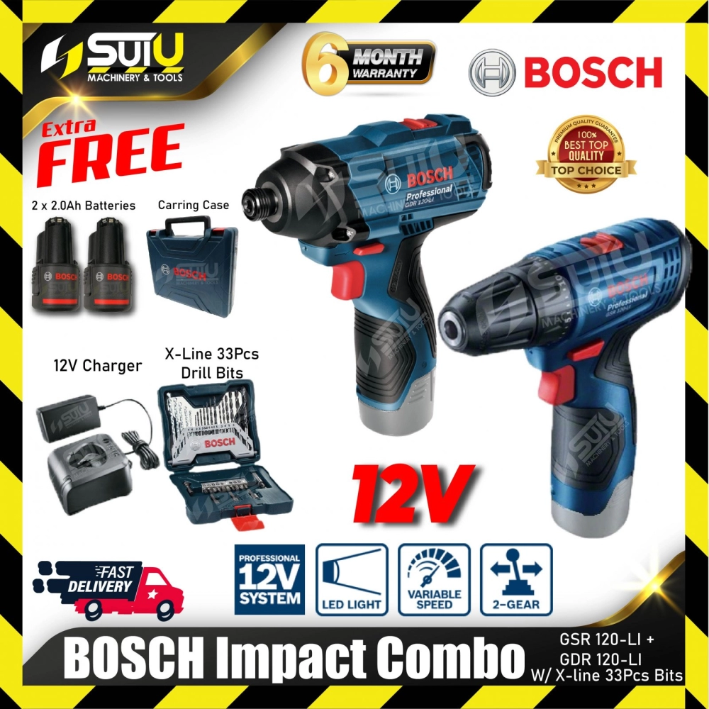 BOSCH Combo Kit B GSR 120-Li Cordless Drill + GDR 120-LI Cordless Impact Driver + FOC 2xBat2.0Ah+1xChar+ 33pcs Drill Bits