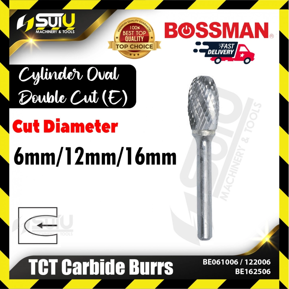 BOSSMAN BE061006 / BE122006 / BE162506 Cylinder Oval - Double Cut (E) TCT Carbide Burrs (6/12/16mm)