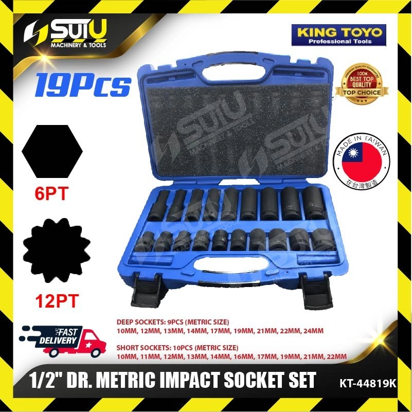KING TOYO KT-44819K 19 PCS 1/2" Dr. Metric Impact Socket Set (6PT/12PT)