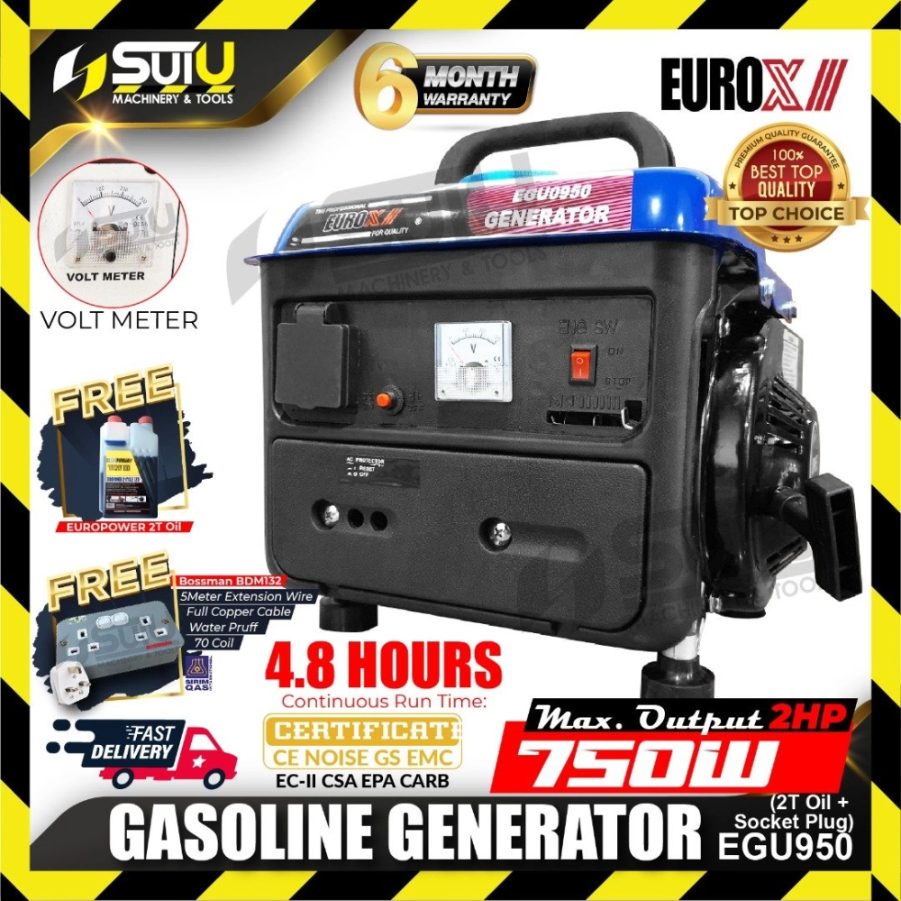 EUROX EGU950 2HP 4.2L 2-Stroke Gasoline Generator 3600rpm+FOC 2T Oil & Socket Plug