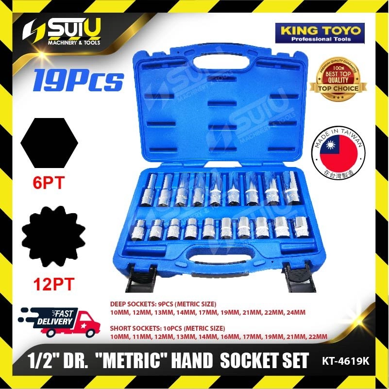 KING TOYO KT-4619K 19PCS 1/2" Dr. Metric Hand Socket Set (6PT/12PT)