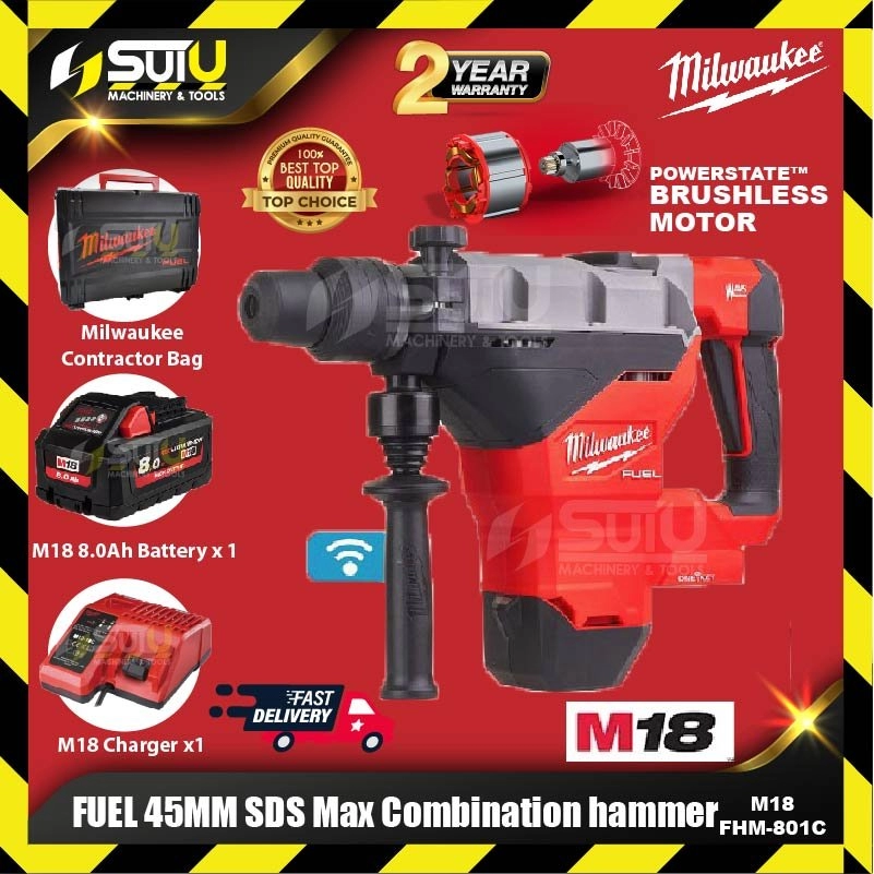MILWAUKEE M18 FHM-0C0 Asia / FHM-801C FUEL 45mm SDS Max Combination Hammer w/ 1 x M18 8.0Ah Battery + 1 x Charger + 1 x Contractor Bag