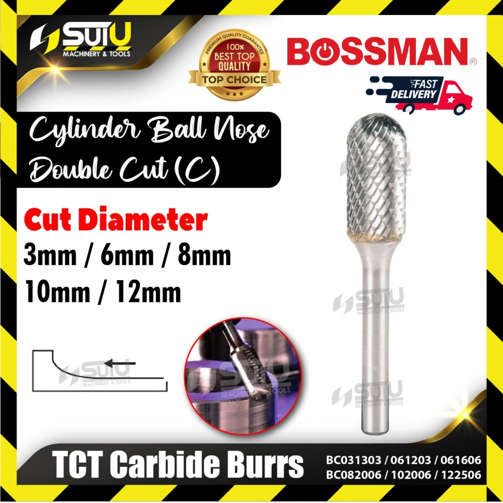 BOSSMAN BC031303 / 061203/ 061606/ 082006/ 102006/ 122506 Cylinder Ball Nose Double Cut (C) TCT Carbide Burrs (3mm-16mm)