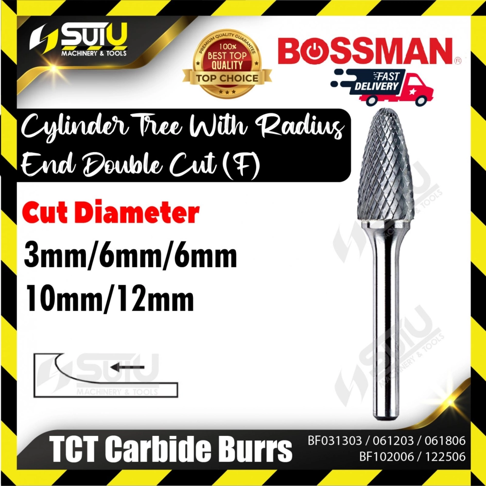 BOSSMAN BF031303/ 061203/ 061806/ 102006/ 122506 Cylinder Tree with Radius End Double Cut (F) TCT Carbide Burrs (3-12mm)