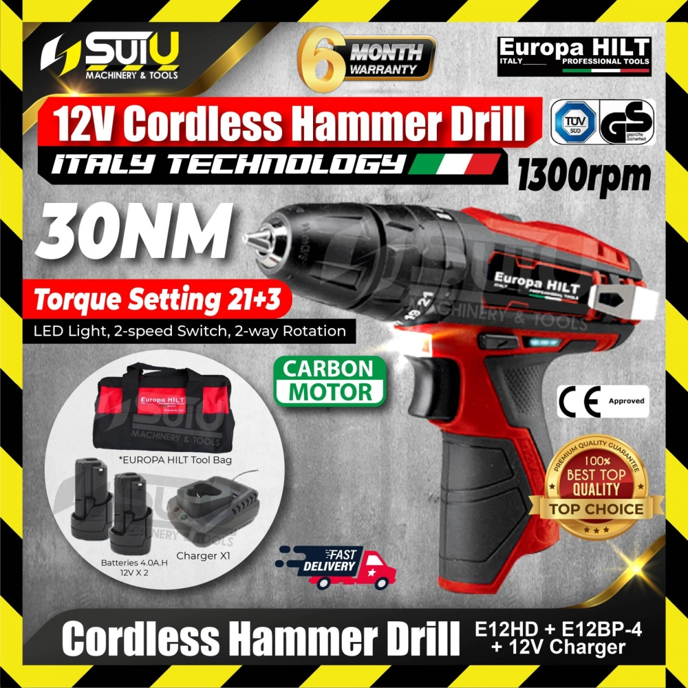Europa Hilt E12HD Cordless Hammer Drill 12V 30Nm + 2x4.0Ah Batteries + Charger