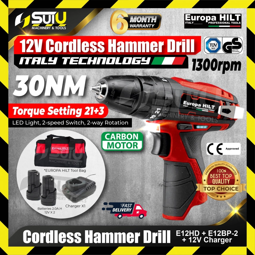Europa Hilt E12HD Cordless Hammer Drill 12V 30Nm + 2x2.0Ah Batteries + Charger