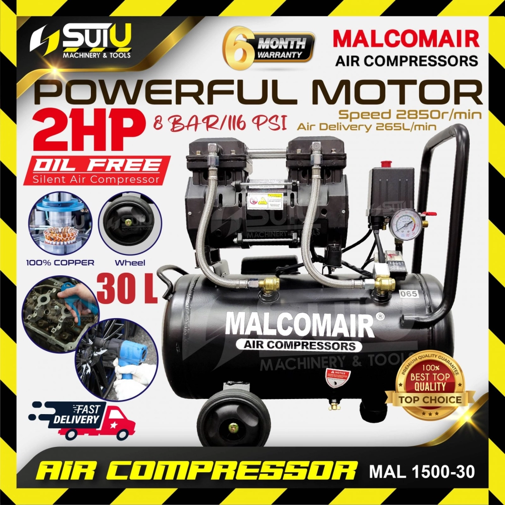 Malcomair MAL 1500-30 / MAL1500-30 30L 2HP 8bar Silent Oilless Air Compressor 2850rpm 