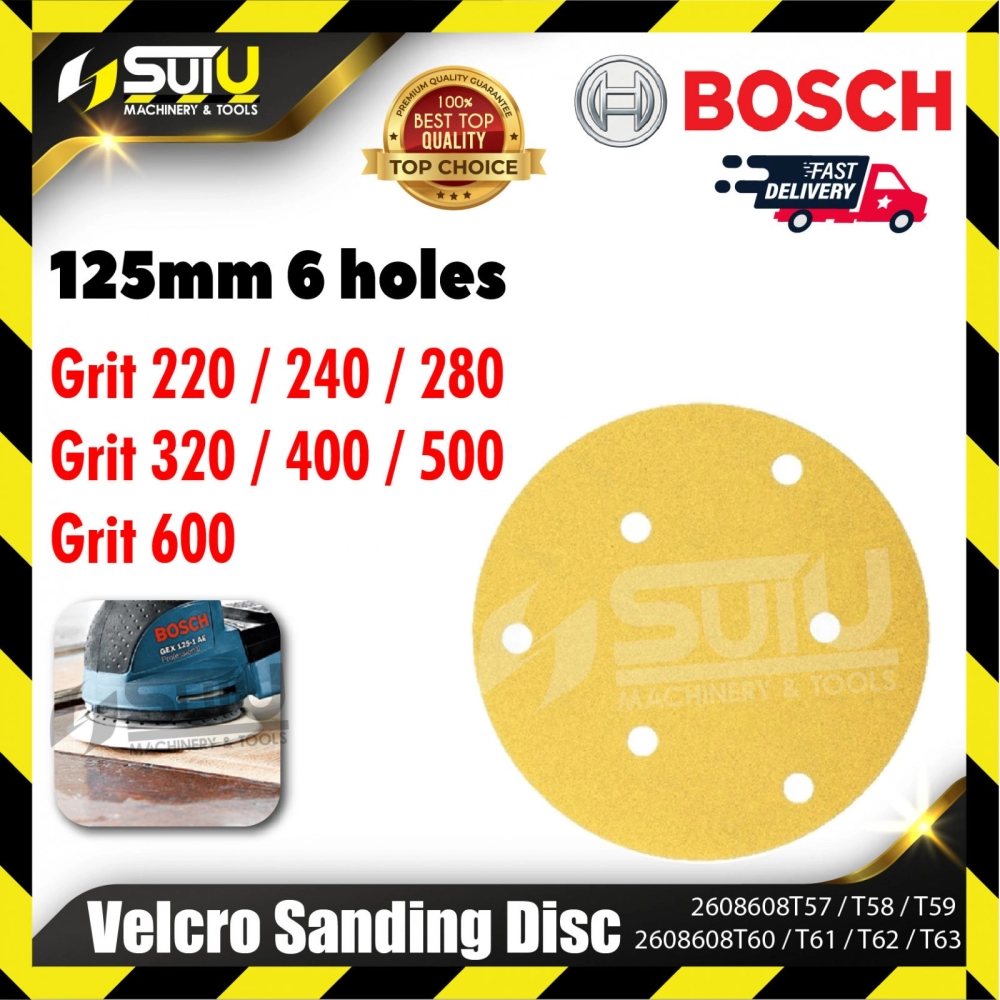 BOSCH 2608608T57/ T58/ T59/ T60/ T61/ T62/ T63 125MM 6 Holes Velcro Sanding Disc C411 (Grit 220-600)