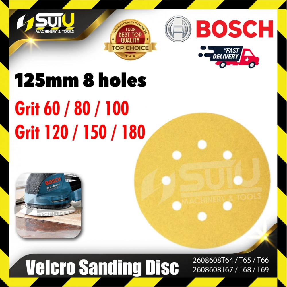 BOSCH 2608608T64/T65/T66/T67/T68/T69 125MM 8 Holes Velcro Sanding Disc C411 (Grit 60-180)