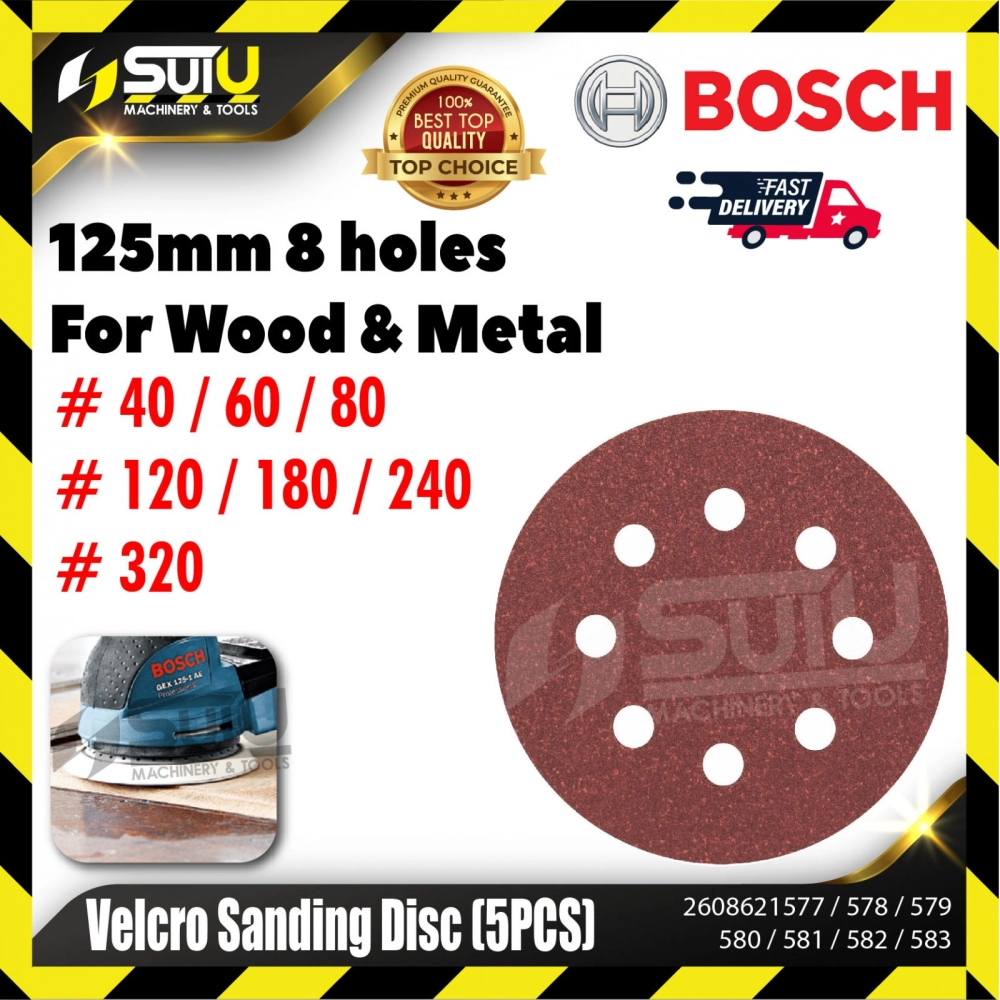BOSCH 2608621577/ 578/ 579/ 580/ 581/ 582/ 583 5PCS 125MM 8 Holes Velcro Sanding Disc for Wood & Metal (#40~#320)