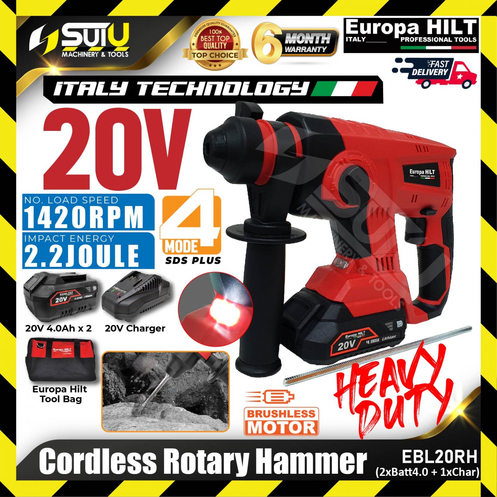 EUROPA HILT EBL20RH 20V 2.2J Brushless Cordless Rotary Hammer 1420RPM w/ 2 x Batteries 4.0Ah + Charger + Tool Bag