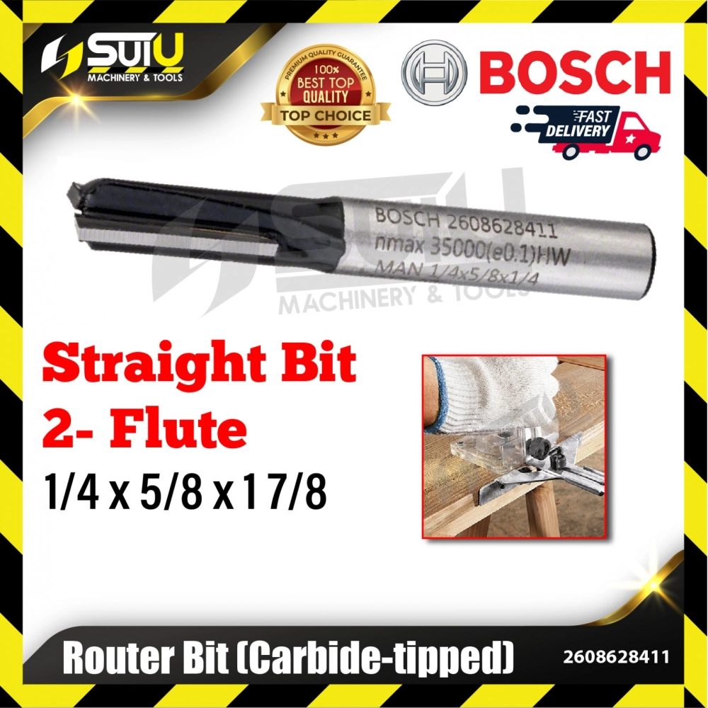 BOSCH 2608628411 1PCS 1/4 x 5/8 x 1 7/8 Straight Bit for Routers w/ 2 Flutes & Tungsten Carbide Tipped