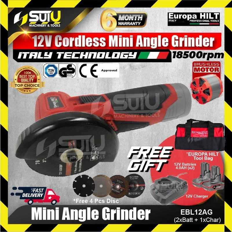 EUROPA HILT EBL12AG 12V 76MM Cordless Mini Angle Grinder 18500RPM + 2 x Bat4.0Ah + Charger