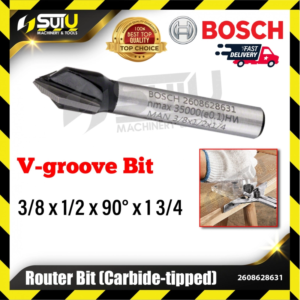 BOSCH 2608628631 1PCS 3/8 x 1/2 x 90° x 1 3/4 V-Groove Bit for Routers (Carbide Tipped)