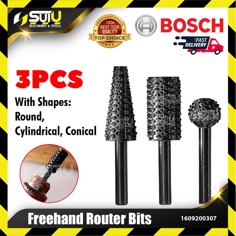 BOSCH 1609200307 3PCS Freehand Router Bits Set (Round/ Cylindrical/ Conical)