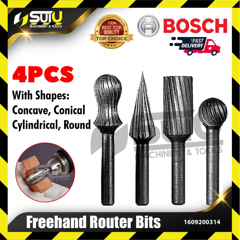 BOSCH 1609200314 4PCS Freehand Router Bits Set (Concave/ Conical/ Cylindrical/ Round)