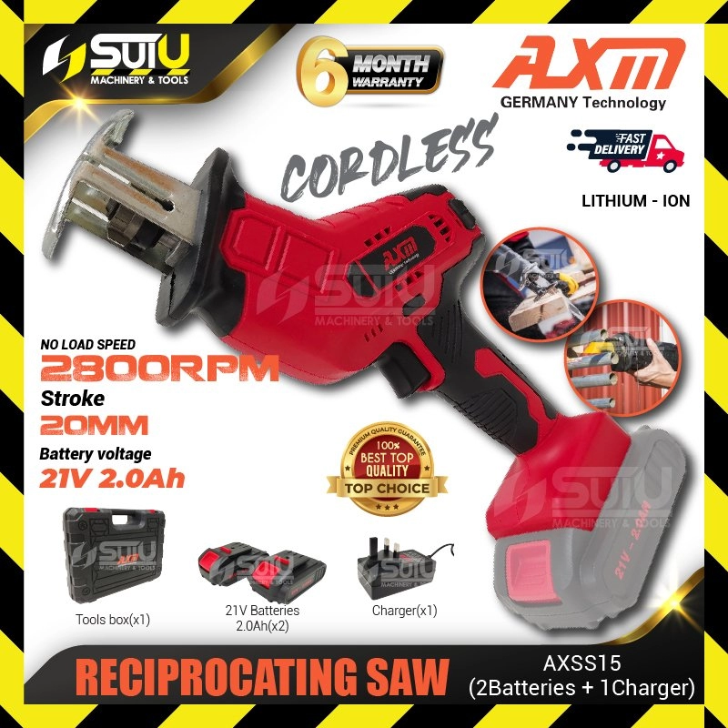 AXM AXSS15 21V Brushless Cordless Reciprocating Saw / Sabre Saw 2800RPM w/ 2 x Batteries 2.0Ah + Charger