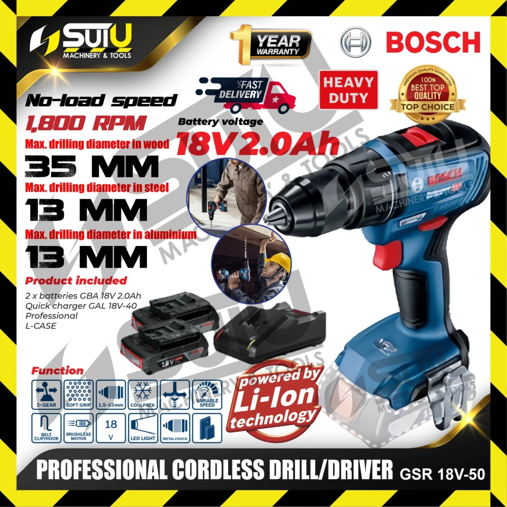 BOSCH GSR 18V-50 / GSR18V-50 18V 50NM Professional Cordless Drill / Driver 1800RPM w/ 2 x Batteries 2.0Ah + 1 x Charger