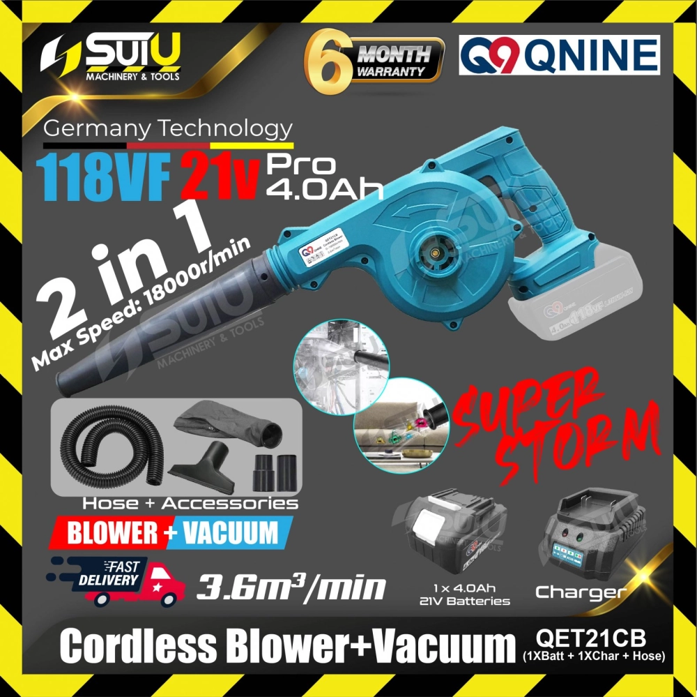 [SET B] Q9 QET21CB 2in1 21V Cordless Blower / Vacuum 18000RPM w/ 1 x Battery 4.0Ah + Charger + Accessories