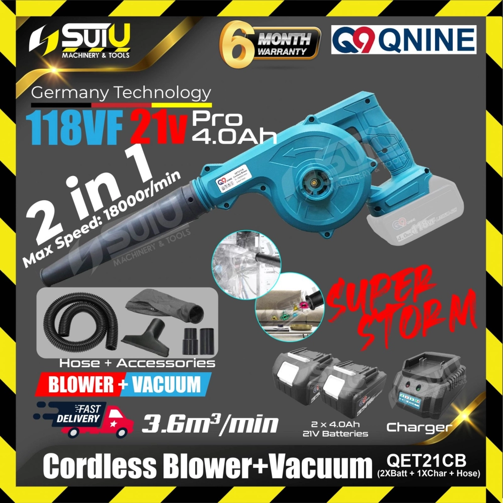 [SET D] Q9 QET21CB 2in1 21V Cordless Blower / Vacuum 18000RPM w/ 2 x Batteries 4.0Ah + Charger + Accessories