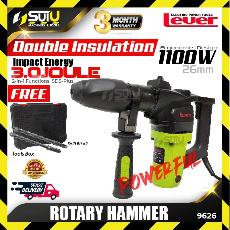 LEVER 9626 26MM 3J 2-Mode SDS-Plus Rotary Hammer Drill 1100W w/ 2 x Drill Bits