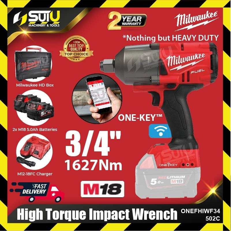MILWAUKEE M18 ONEFHIWF34-502X / ONEFHIWF34-502C 3/4" 1627NM High Torque Impact Wrench w/ 2 x Batteries 5.0Ah + Charger