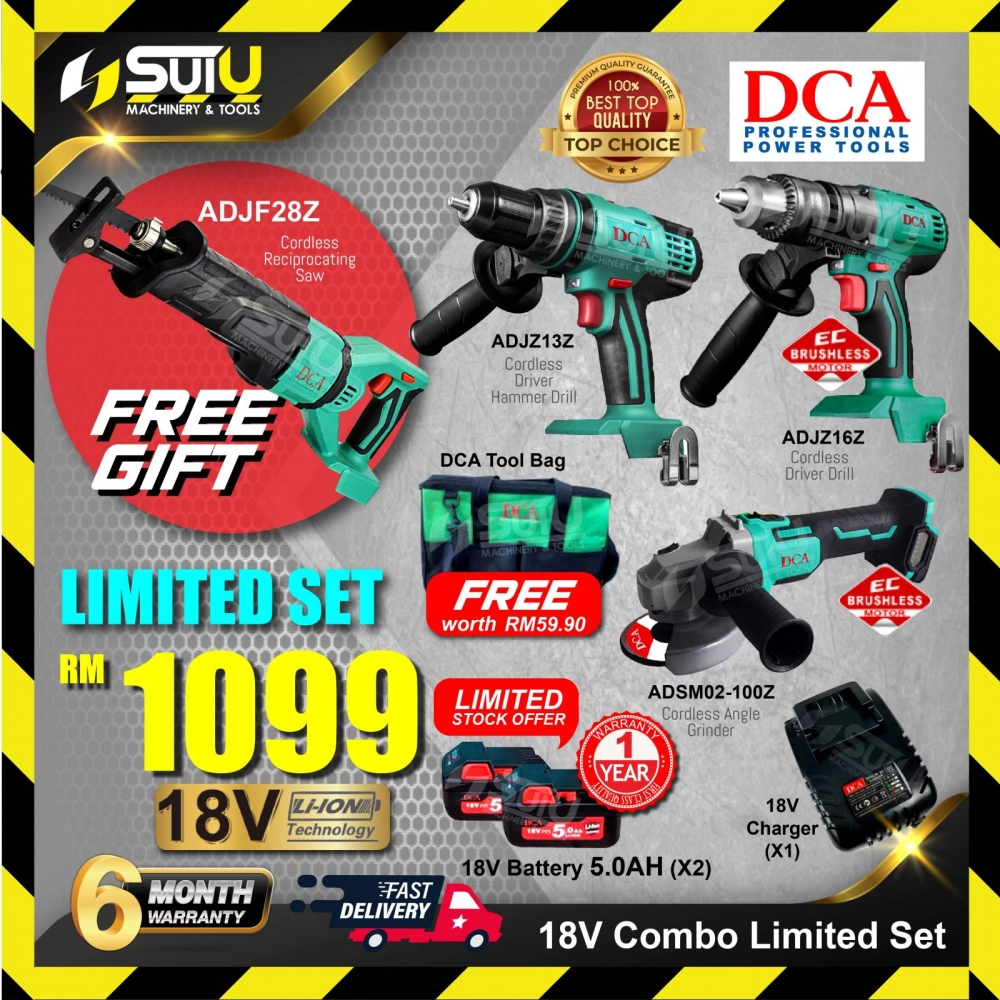 DCA 18V Limited Combo SET ADJZ13Z Driver Hammer Drill + ADJZ16Z Driver Drill + ADSM02-100Z Angle Grinder + ADJF28Z Reciprocating Saw + 2 x Batteries 5.0Ah + 1 x Charger 