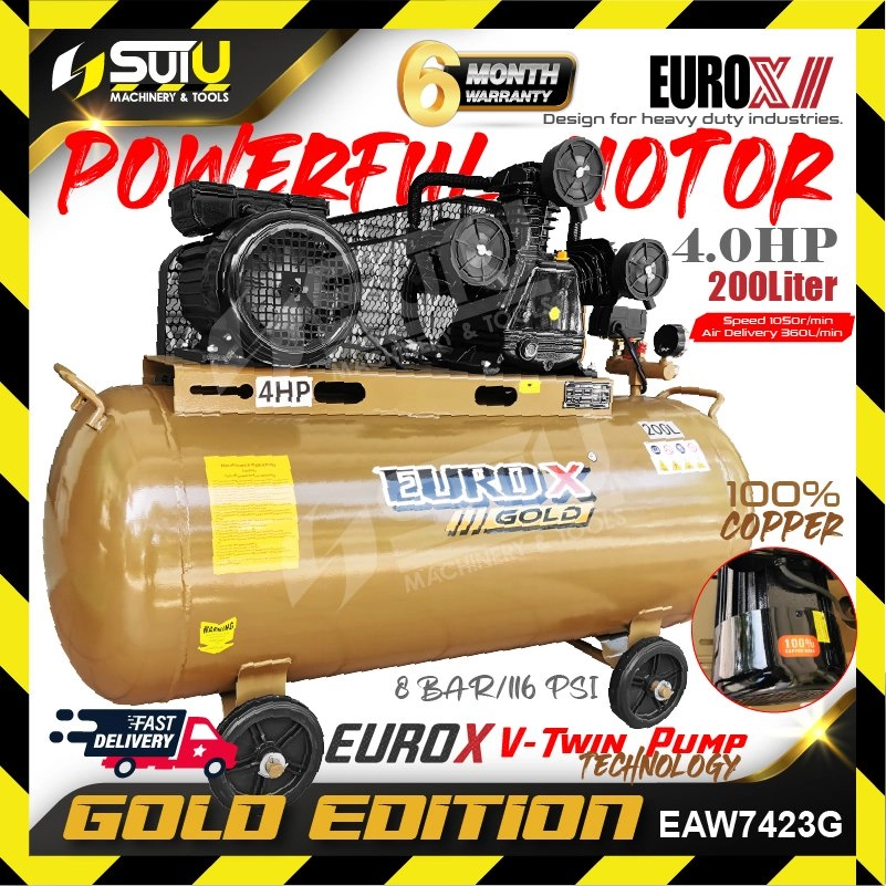 EUROX GOLD EAW-7423 / EAW7423 / EAW7423G 200L 4HP 8BAR Air Compressor 1050RPM