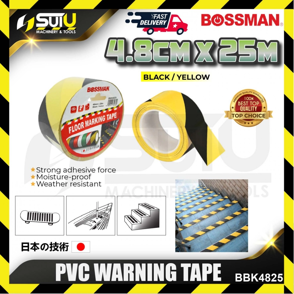 BOSSMAN BBK4825 5/10 Rolls 4.8CM x 25M PVC Warning Tape (Black/ Yellow)