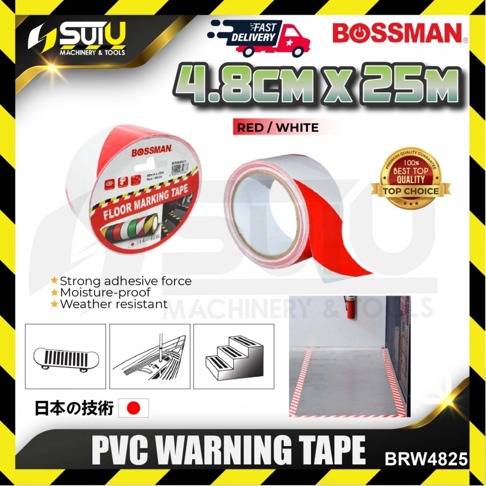 BOSSMAN BRW4825 5/10 Rolls 4.8CM x 25M PVC Warning Tape (Red/ White)