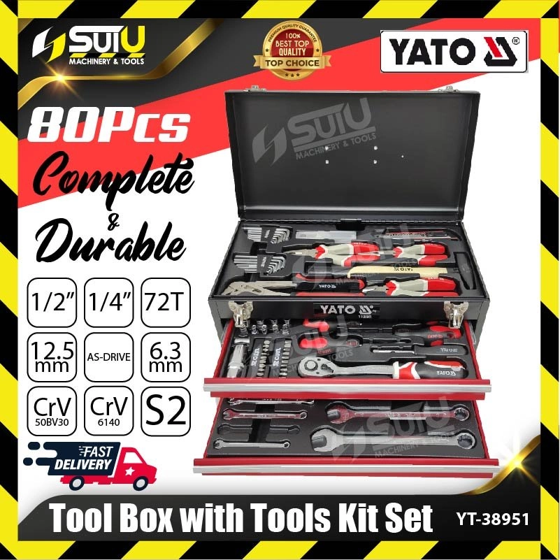 YATO YT-38951 80PCS Professional 3-Drawer Tool Box with Tools Kit Set