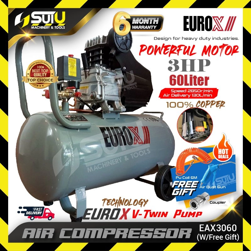 [READY STOCK, ORIGINAL, MY SPEC] EUROX EAX3060 / EAX-3060 / EAW3060 / EAW-3060 60L 3HP Direct Air Compressor 2850RPM w/ Gift