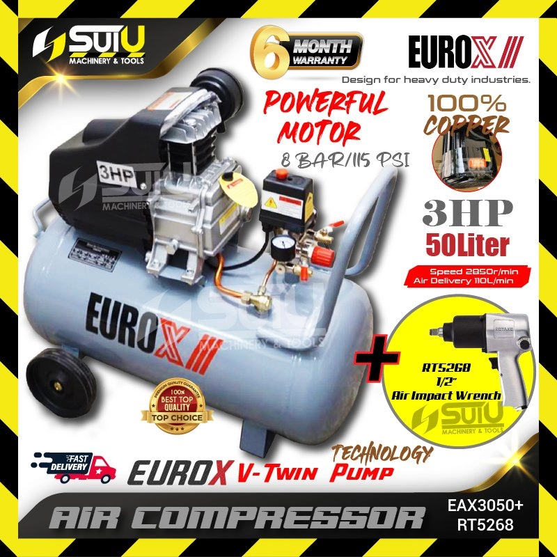 EUROX EAX3050 50L 3HP Air Compressor with Rotake RT5268 1/2" Air Impact Wrench