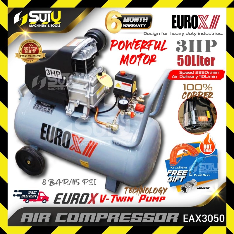 [READY STOCK, ORIGINAL, MALAYSIA SPEC] EUROX EAX3050 / EAW3050 50L 3.0HP Direct Driven Air Compressor 2850RPM w/ Free Gift