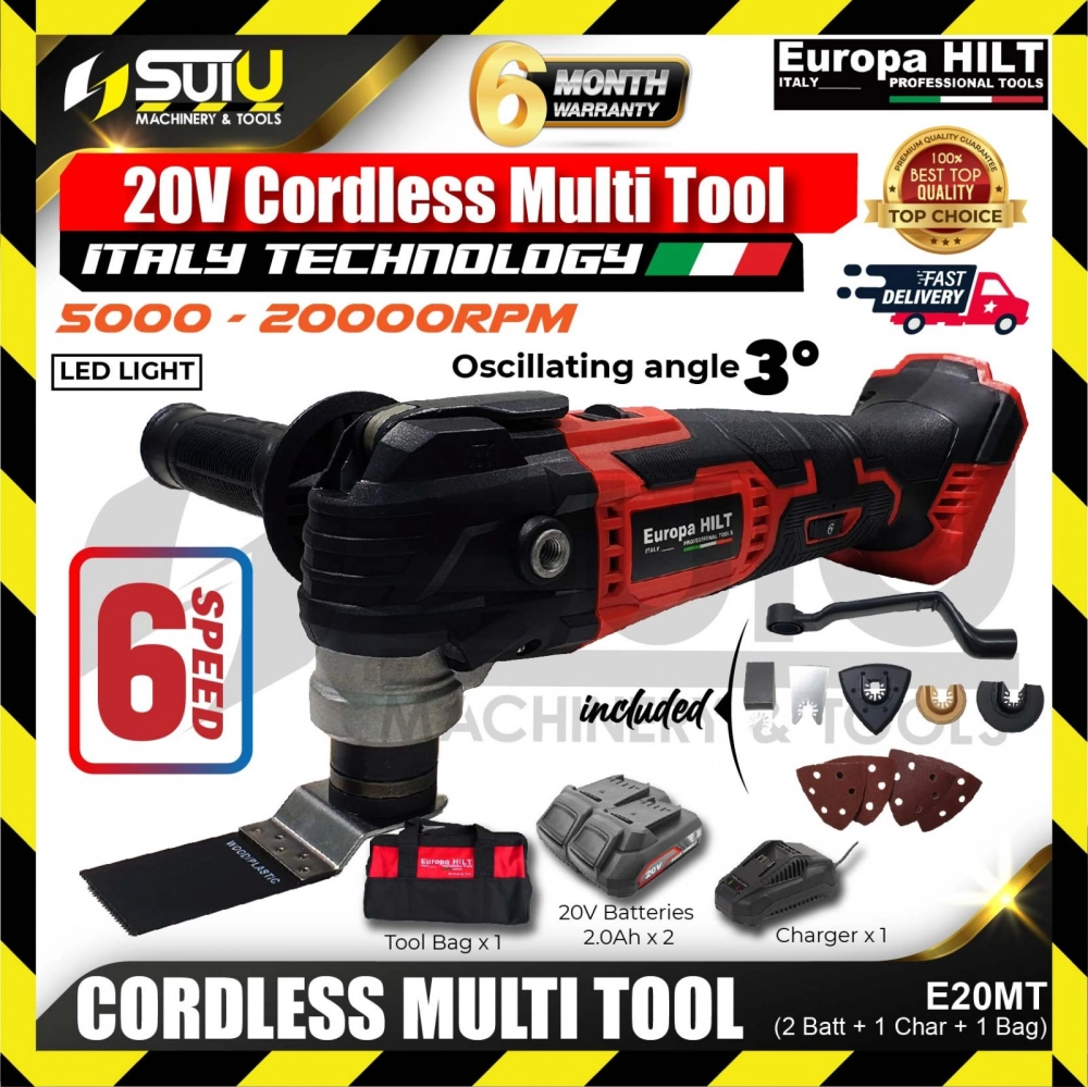 EUROPA HILT E20MT 20V 6 Speeds Cordless Multi Tool 20000RPM w/ 2 x Batteries 2.0Ah + Charger + Tools Bag
