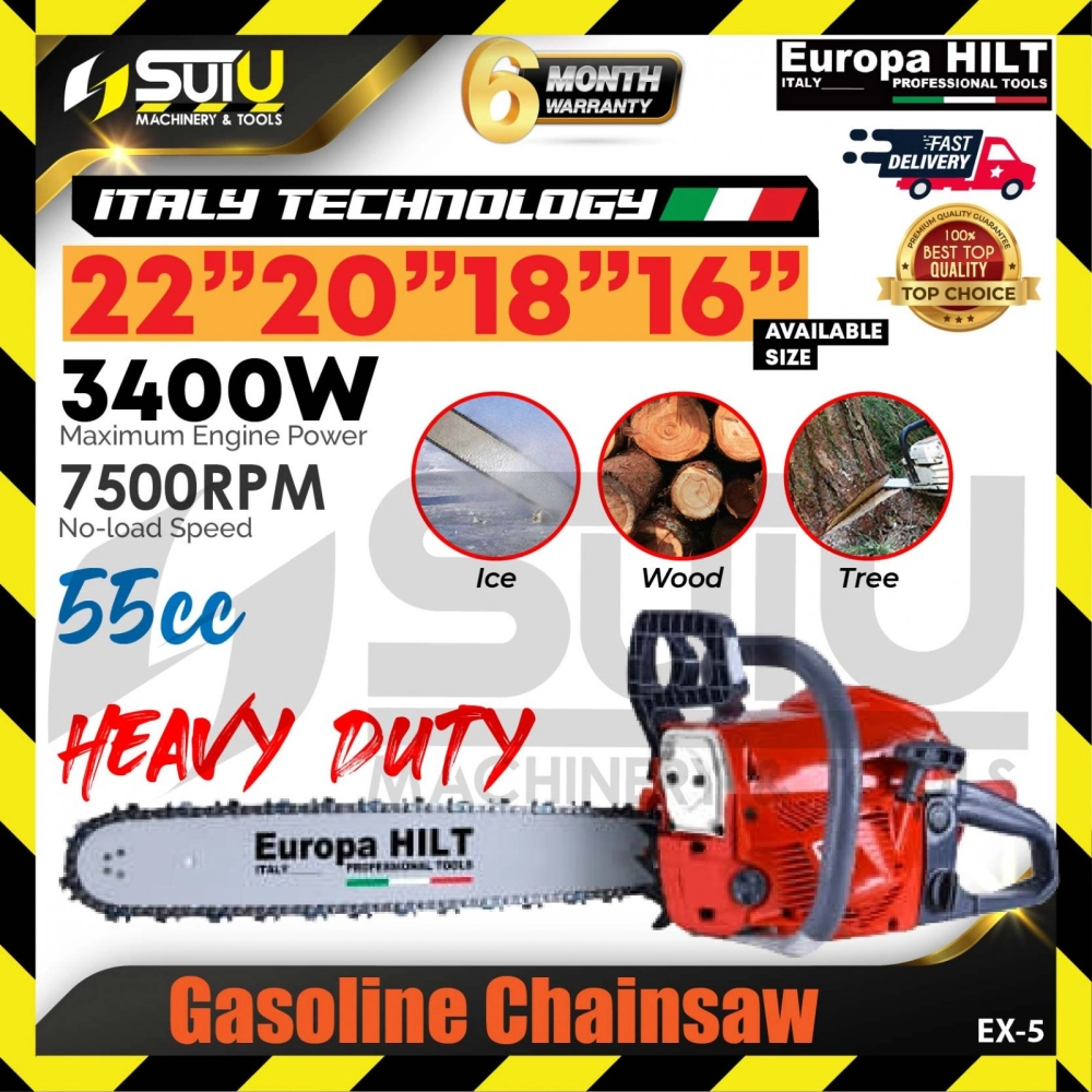 EUROPA HILT EX5 / EX-5 16" / 18" / 20" / 22" 55CC Heavy Duty 2-Stroke Gasoline Chainsaw 3400W 7500RPM