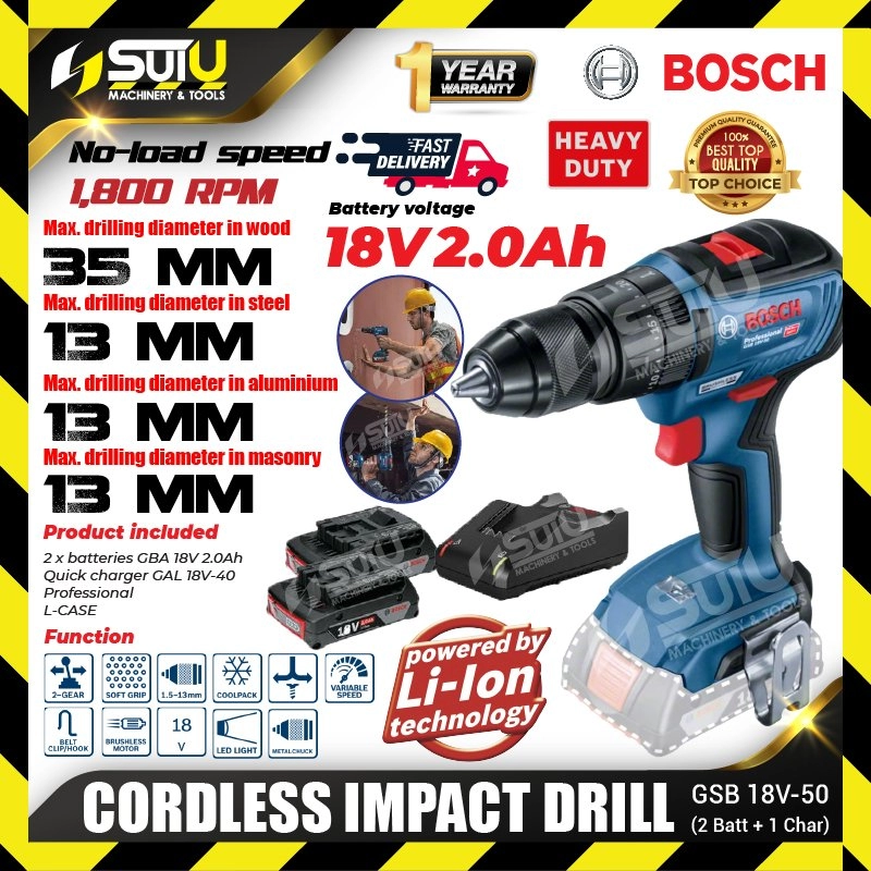 BOSCH GSB 18V-50 / GSB18V-50 18V 50NM Cordless Impact Drill 1800RPM w/ 2 x Batteries 2.0Ah + 1 x Charger